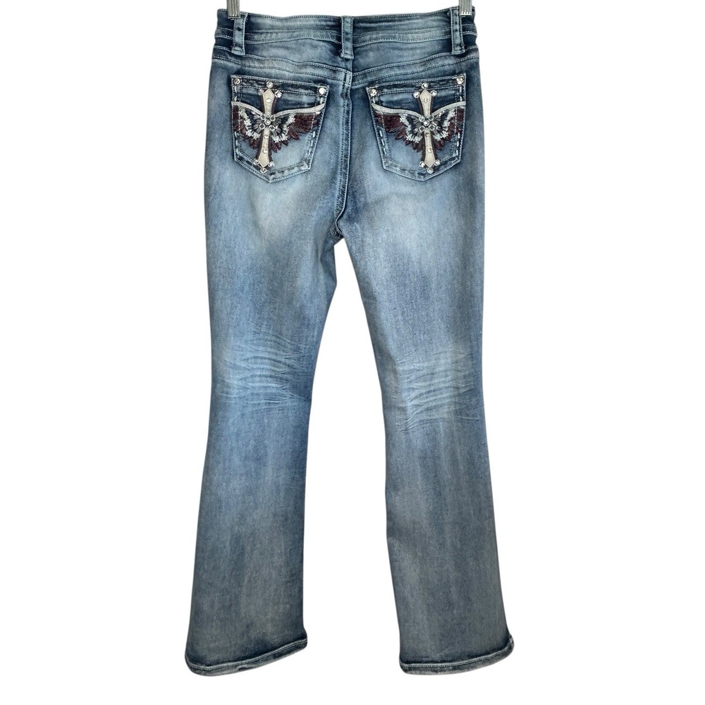 Vintage Y2k‎ Fire & Rain Flare Jeans 7 Rhinestones Embroidered Mid Rise Glam